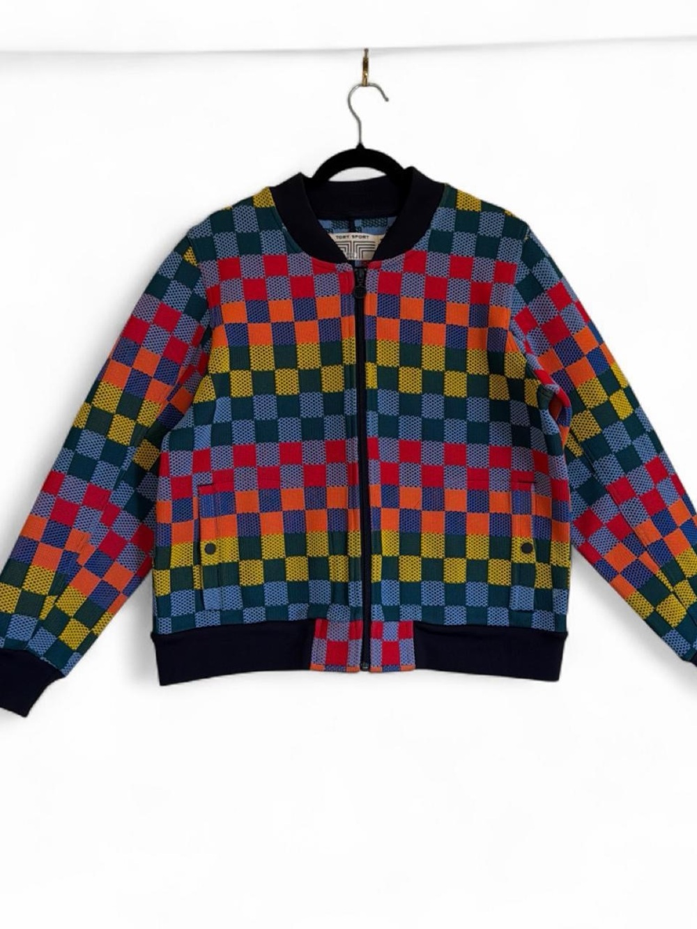 Tory Sport women’s Multicolor Checkerboard Bomber Jacket